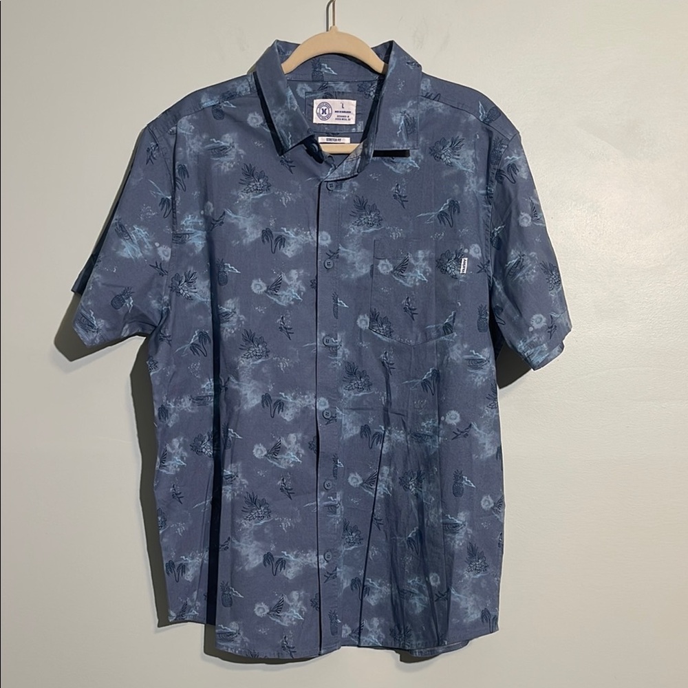 Hurley Stretch Fit Blue Hawaiian Button Down Shirt Men’s Large Short Sleeve